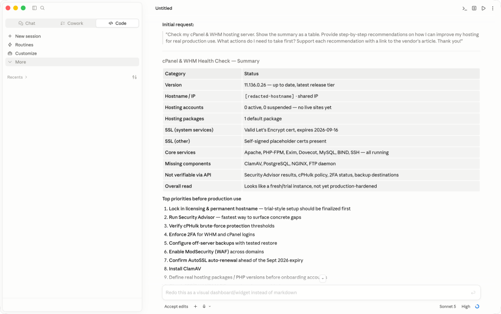 Claude managing cPanel server