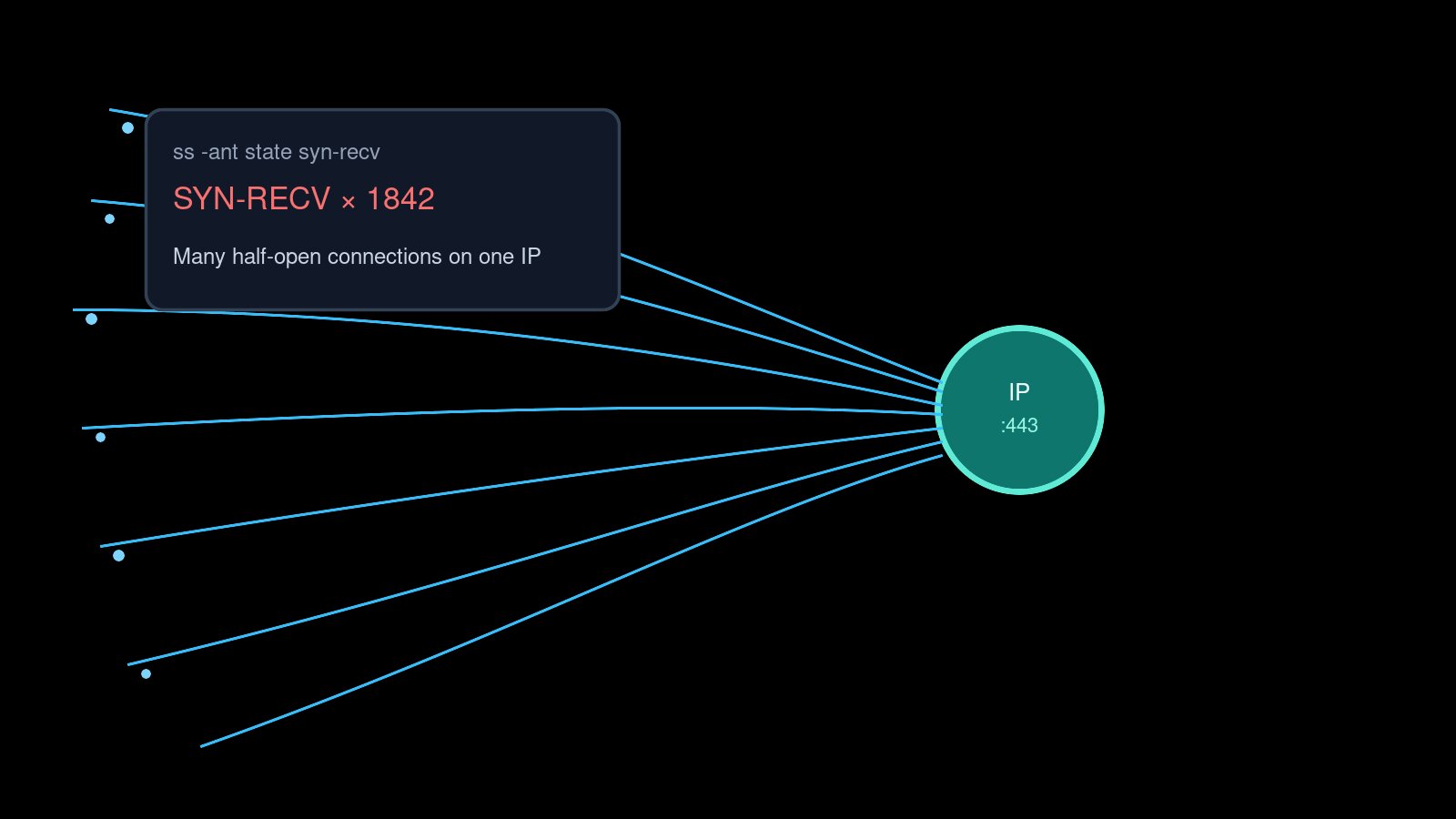 Large number of SYN-RECV connections converging on one customer IP and port 443
